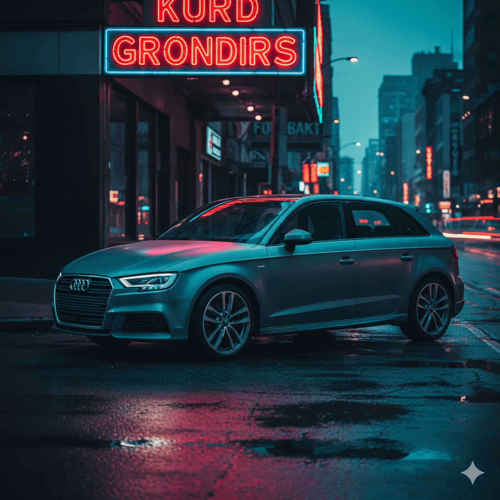Audi A3 with custom wheels in urban setting